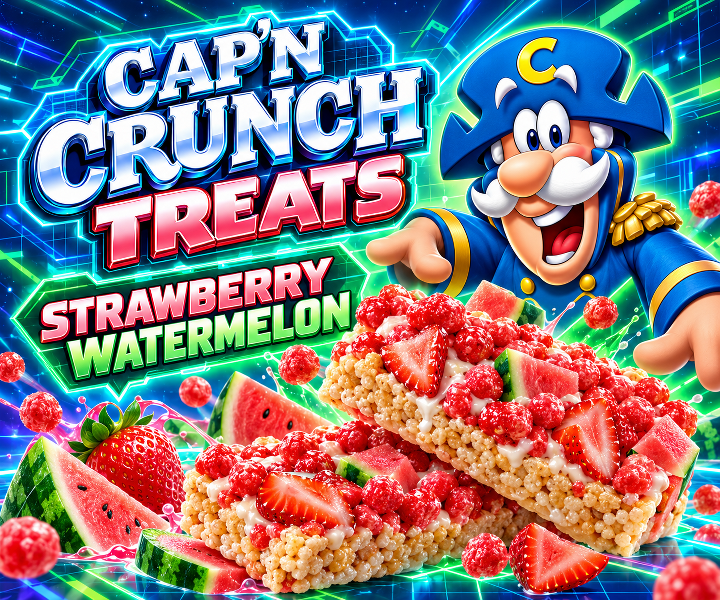 Futuristic Cap’n Crunch Treats artwork with chrome-style lettering, the captain character, strawberries, watermelon and neon grid effects.