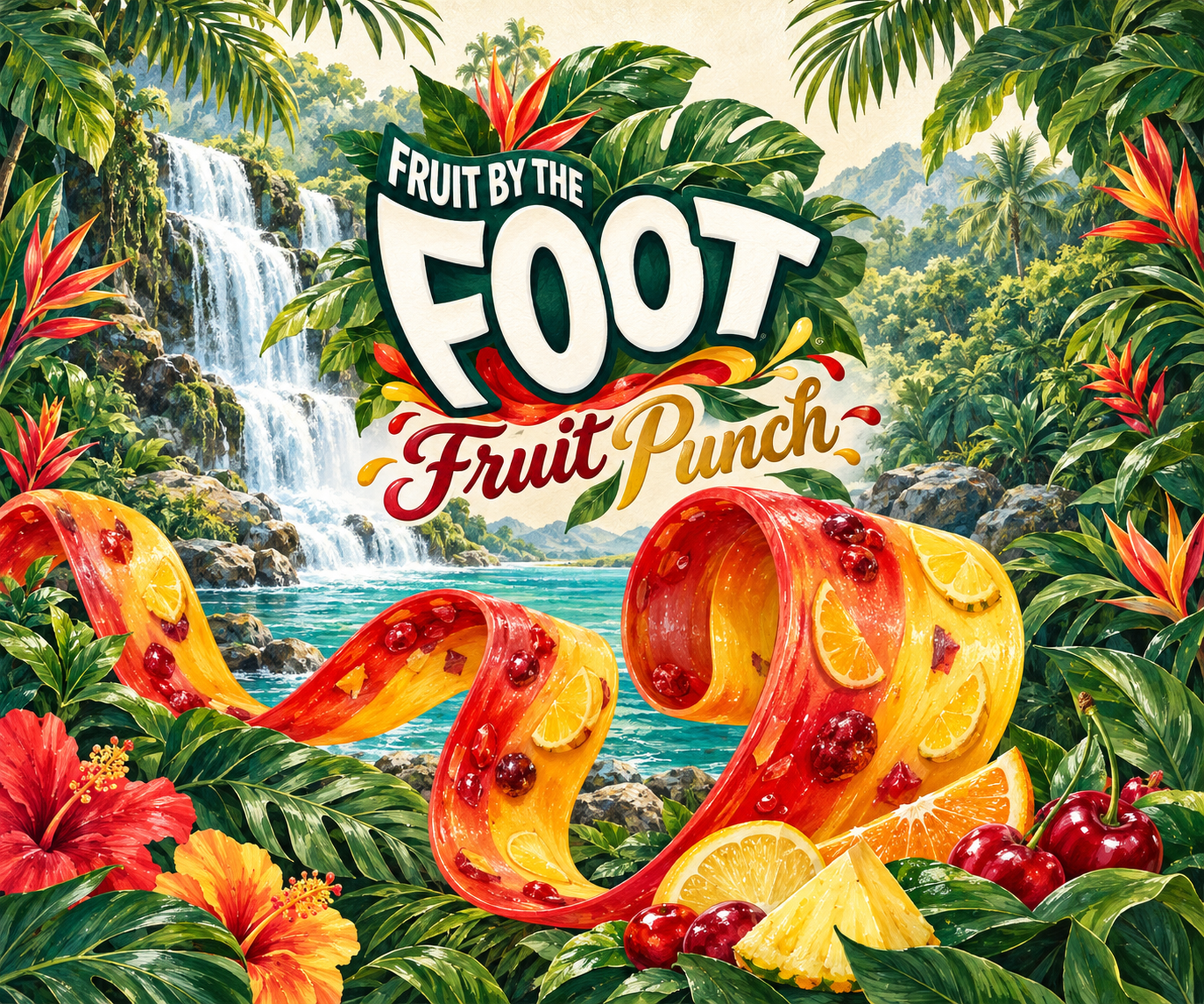 Fruit by the Foot artwork with cream lettering, red-and-yellow fruit ribbons, tropical foliage, citrus and a waterfall.