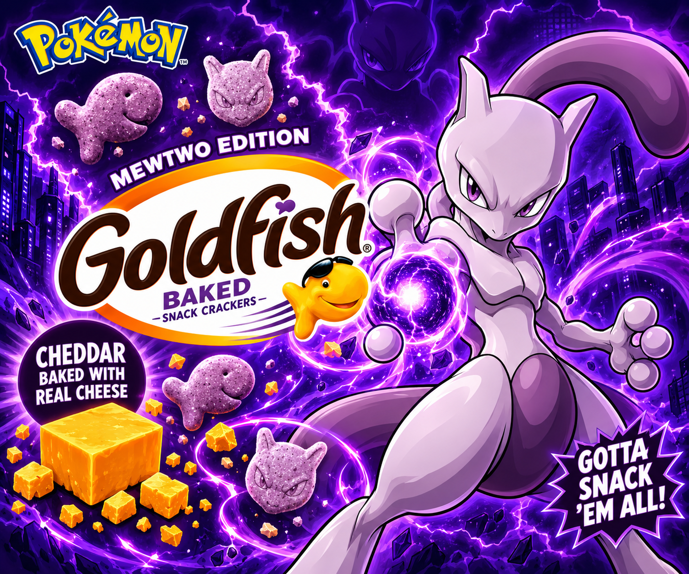 Goldfish artwork featuring Mewtwo, violet lightning, Pokémon and Goldfish lettering, purple crackers and cheddar cubes.