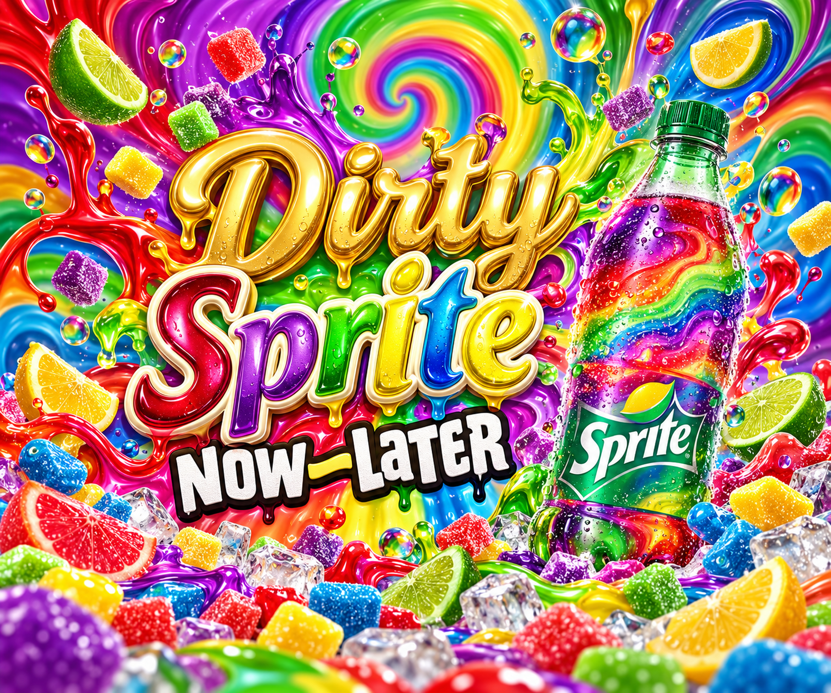 Rainbow liquid swirls around Dirty Sprite lettering, a Sprite bottle, candies, citrus wedges and ice.